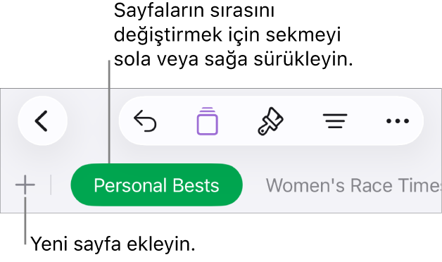 Yeni sayfa ekleme, sayfalarda dolaşma, sayfaları sıralama ve yeniden düzenleme için sekme çubuğu.