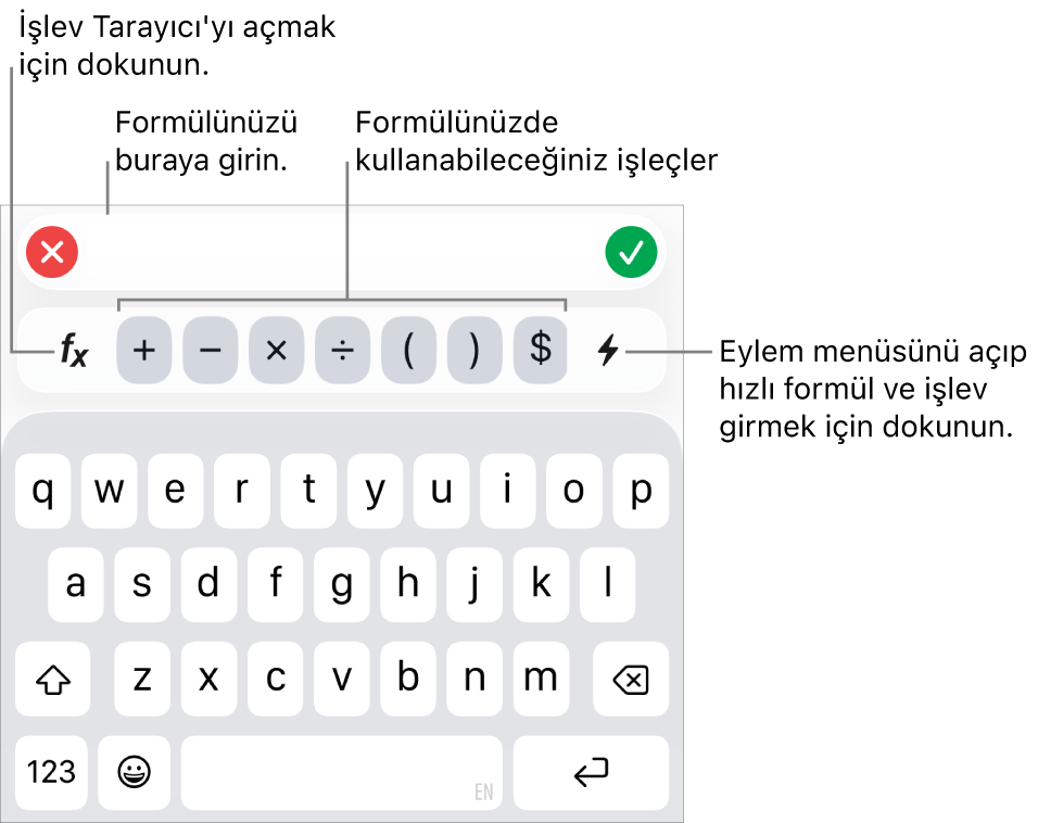 En üstte Formül Düzenleyici ile birlikte formül klavyesi ve onun altında formüllerde kullanılan işleçler. İşlev Tarayıcı’yı açmak için kullanılan İşlevler düğmesi işleçlerin solunda, Eylem menüsü düğmesi ise sağda.