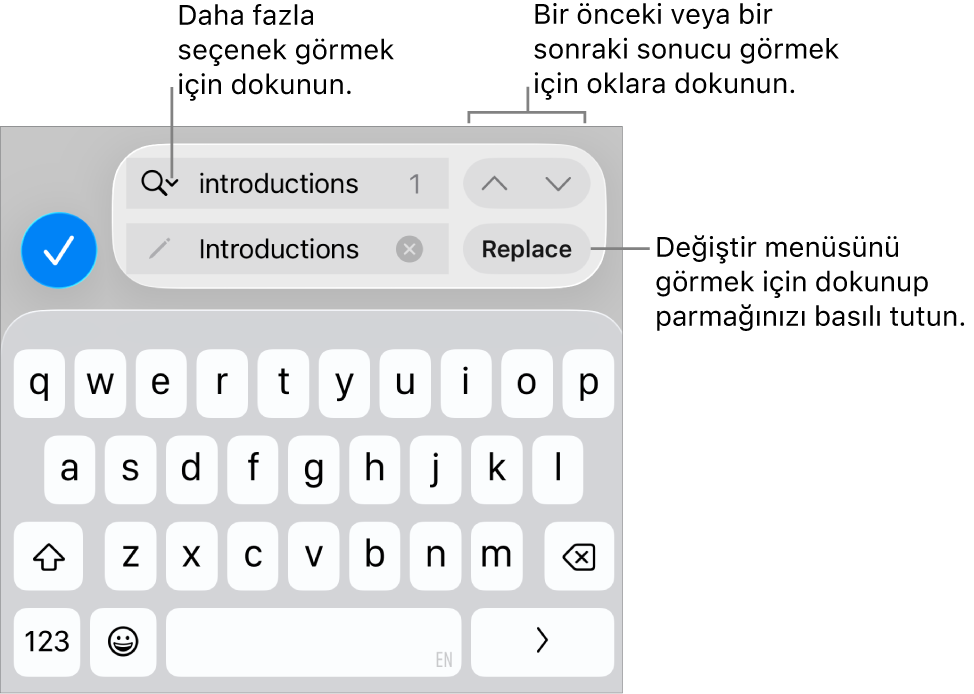 Arama Seçenekleri, Değiştir, Yukarı Git ve Aşağı Git düğmelerine belirtme çizgileriyle klavyenin üst tarafındaki Bul ve Değiştir denetimleri.
