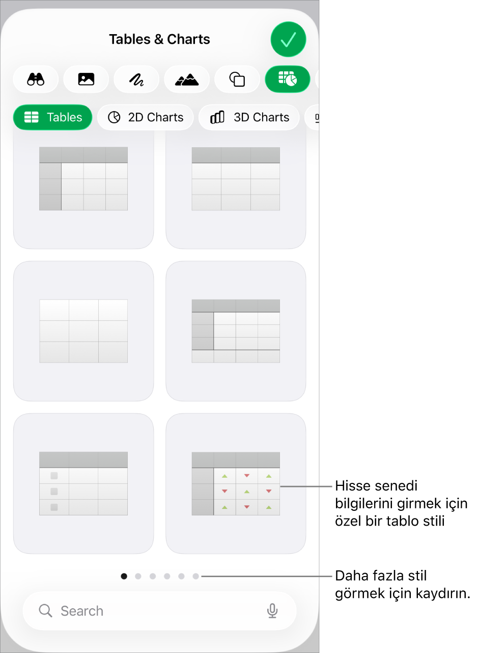 Tablo düğmesi seçili ve altta tablo stilleri görüntüleniyor.