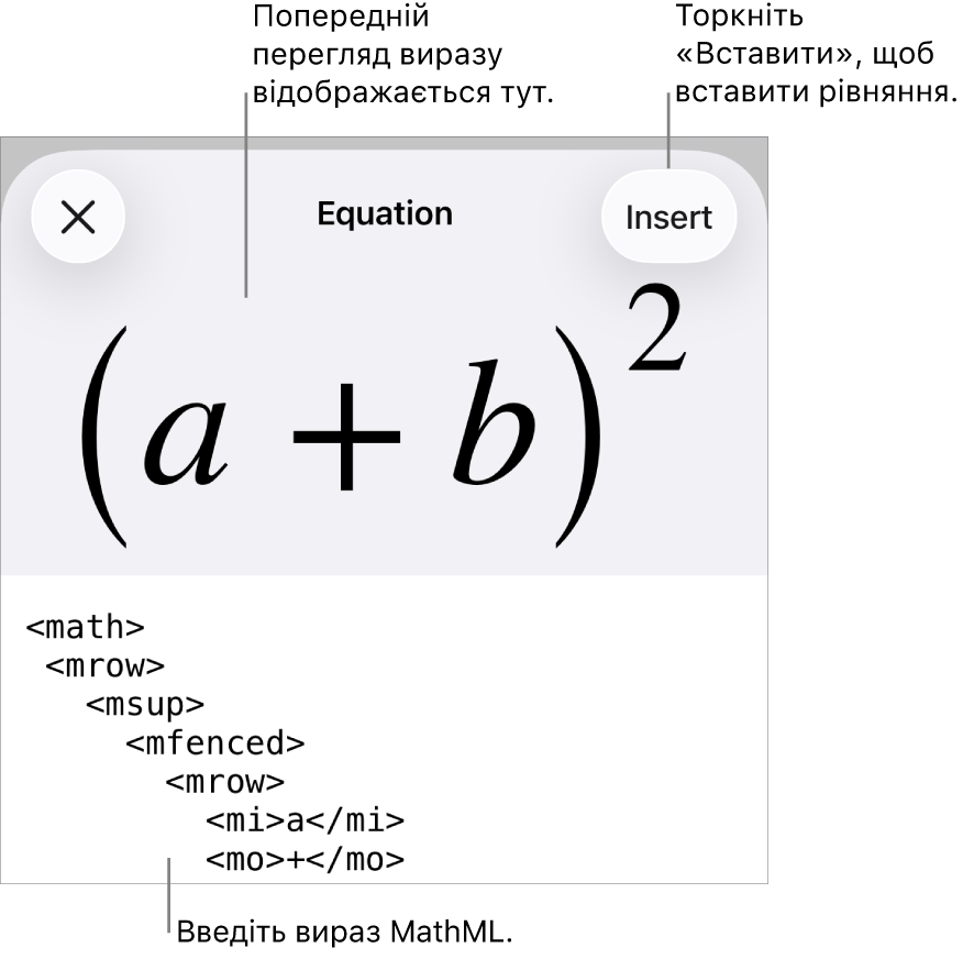 Діалогове вікно «Рівняння», у якому показано рівняння, написане за допомогою команд MathML, а також попередній перегляд формули вгорі.