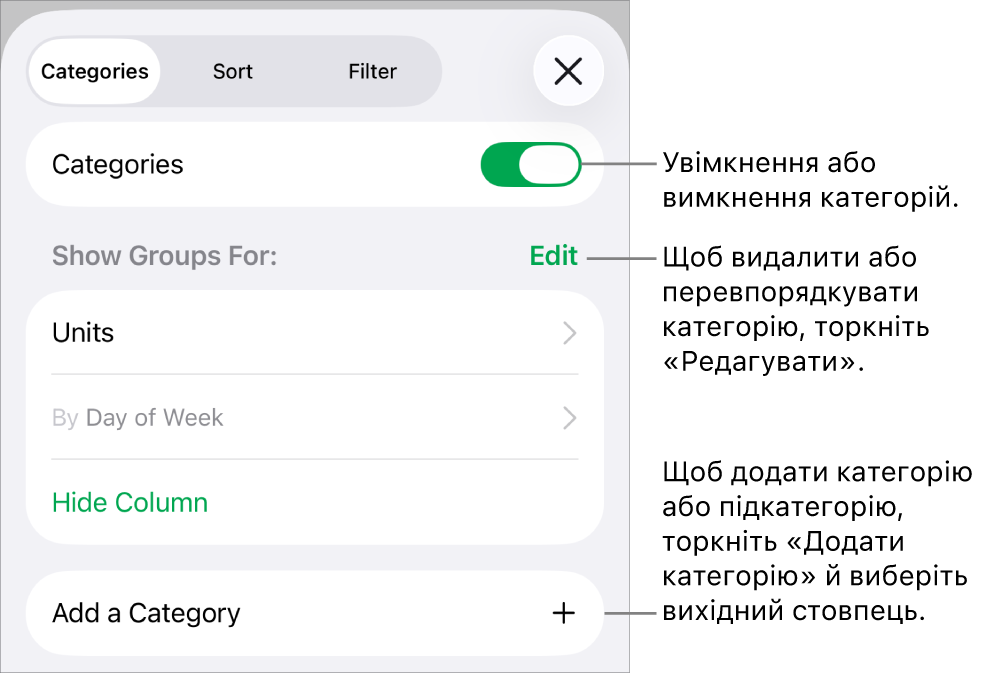 Меню категорій для iPhone містить опції для вимикання й видалення категорій, перегрупування даних, приховування вихідного стовпця й додавання категорій.