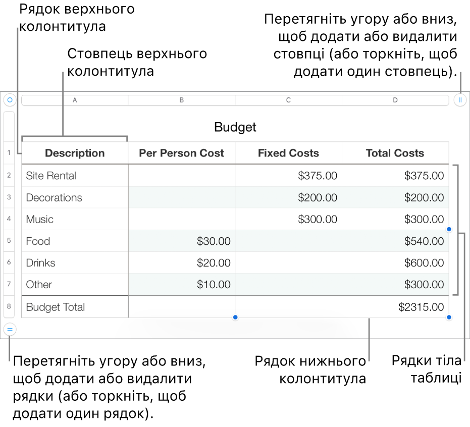 Таблиця з верхнім колонтитулом, тілом таблиці, рядками та стовпцями в нижньому колонтитулі та маніпуляторами для додавання або видалення рядків чи стовпців.