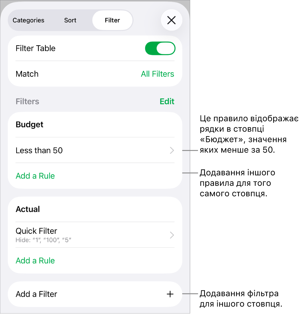 Інструменти додавання нових правил фільтрування та редагування наявних.