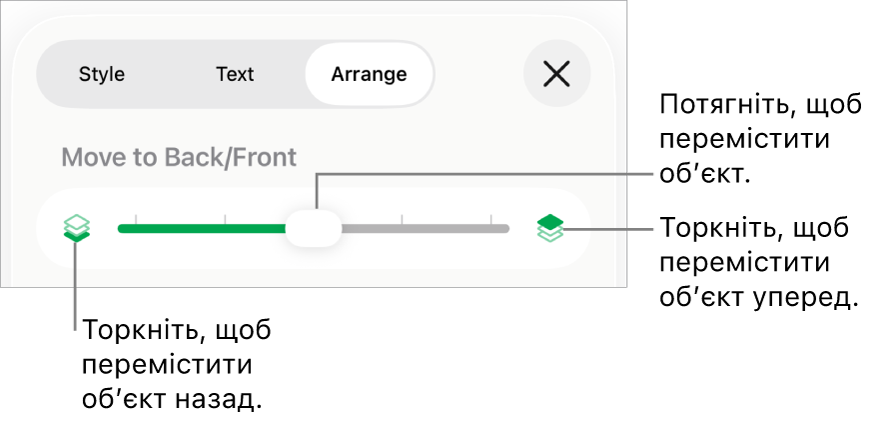 Кнопка переміщення назад, кнопка переміщення вперед і повзунок шарів.