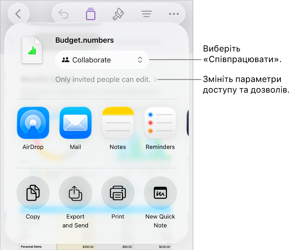 Меню «Поширити» з вибраним угорі елементом «Співпраця», а також параметрами доступу й дозволів унизу.
