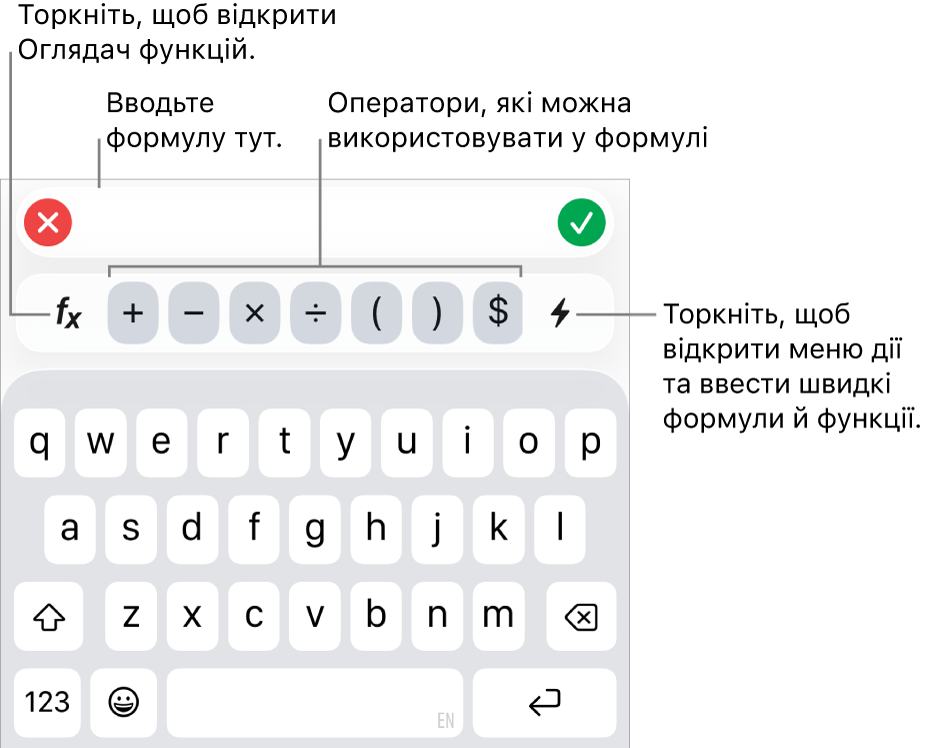 Клавіатура формул, над нею – редактор формул, під нею – оператори, які використовуються у формулах. Кнопка «Функції» для запуску оглядача функцій розташована ліворуч від операторів, а кнопка «Меню дій» – праворуч.