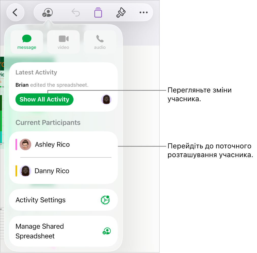 Меню «Співпраця», у якому зазначені поточні учасники.