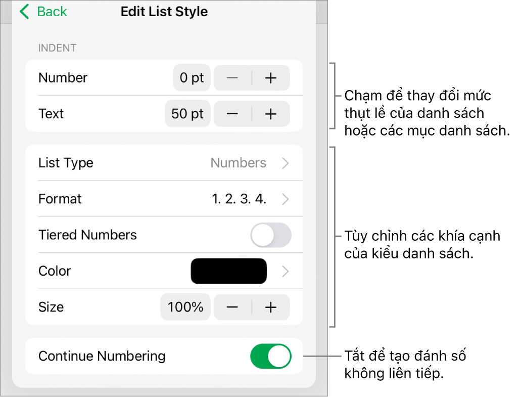 Menu Sửa kiểu danh sách với các điều khiển cho giãn cách thụt lề, kích cỡ và màu danh sách cũng như đánh số tiếp tục.