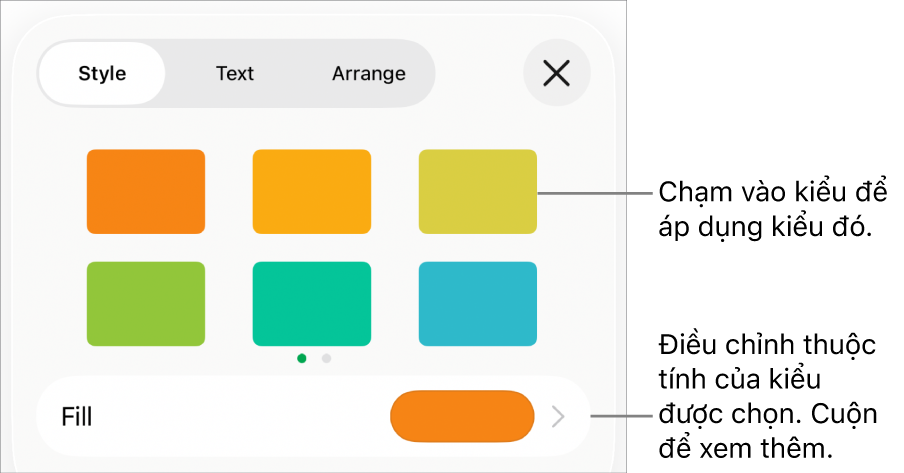 Tab Kiểu của menu Định dạng với các kiểu hình ở đầu và một ô màu nền ở bên dưới.