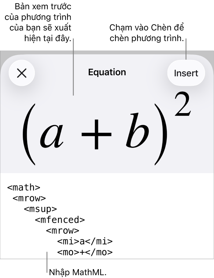 Hộp thoại Phương trình, đang hiển thị phương trình được viết bằng các lệnh MathML và bản xem trước của công thức ở bên trên.