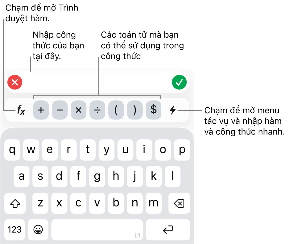Bàn phím công thức với Trình sửa công thức ở trên cùng và các toán tử được sử dụng trong các công thức ở bên dưới. Nút Hàm để mở Trình duyệt hàm nằm ở bên trái của các toán tử và nút menu Tác vụ nằm ở bên phải.