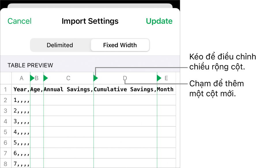 Cài đặt nhập cho tệp văn bản chiều rộng cố định.
