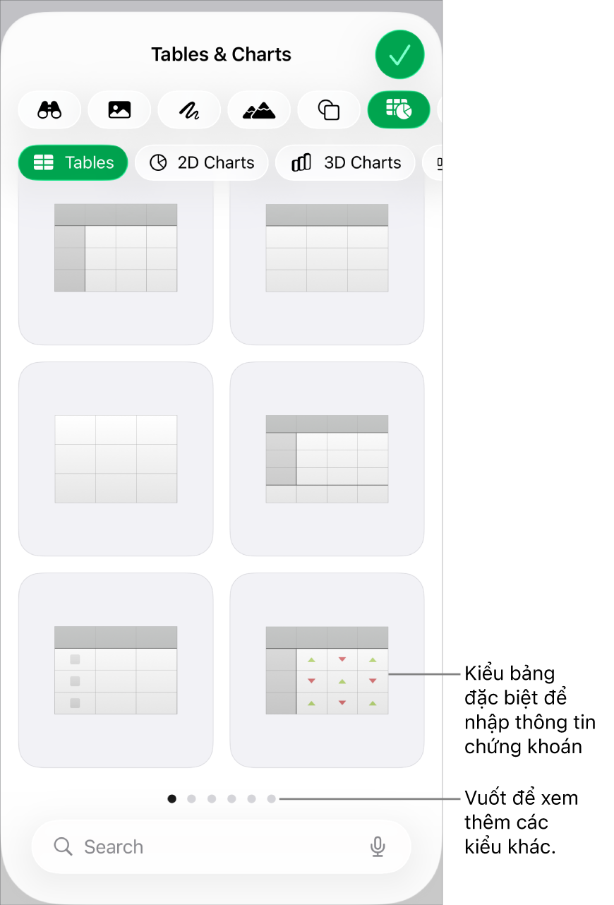 Hình thu nhỏ của các kiểu bảng có sẵn, với một kiểu đặc biệt để nhập thông tin chứng khoán ở góc dưới cùng bên phải. Sáu dấu chấm ở dưới cùng biểu thị rằng bạn có thể vuốt để xem thêm các kiểu khác.