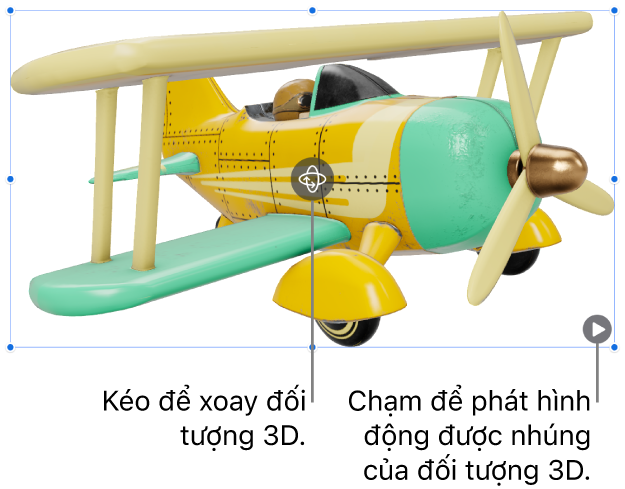 Đối tượng 3D với nút Xoay ở giữa đối tượng và nút Phát ở góc dưới bên phải.