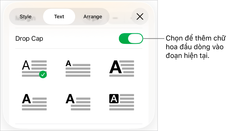 Các điều khiển Chữ hoa đầu dòng nằm trong menu Văn bản.