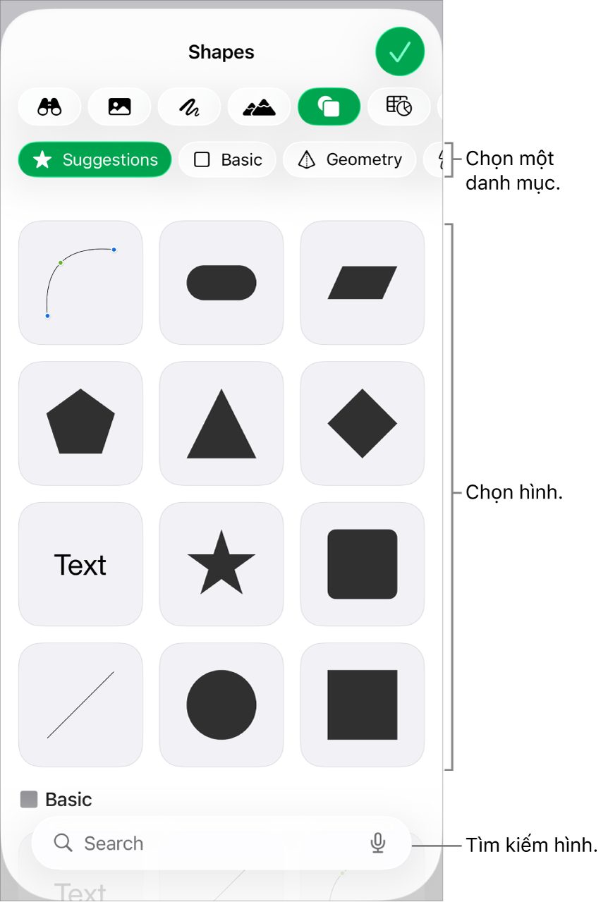 Thư viện hình dạng, với các danh mục ở trên cùng và các hình được hiển thị ở bên dưới. Bạn có thể sử dụng trường tìm kiếm ở trên cùng để tìm các hình và vuốt để xem thêm.
