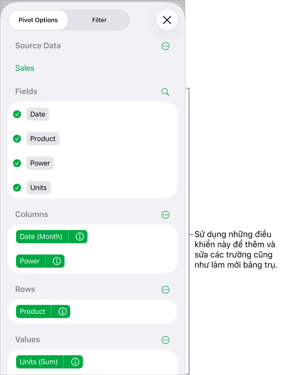 Menu Tùy chọn Trục quay đang hiển thị các trường trong các phần Cột, Hàng và Giá trị cũng như các điều khiển để sửa các trường.