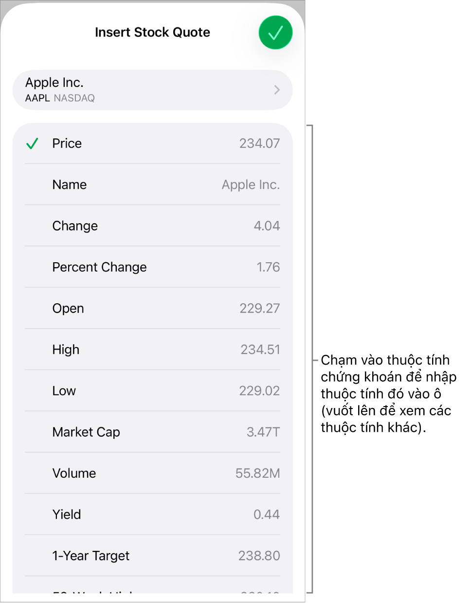 Cửa sổ bật lên chứng khoán niêm yết, với tên chứng khoán ở trên cùng và các thuộc tính chứng khoán có thể chọn, bao gồm giá, tên, thay đổi, phần trăm thay đổi và mở bán được liệt kê bên dưới.