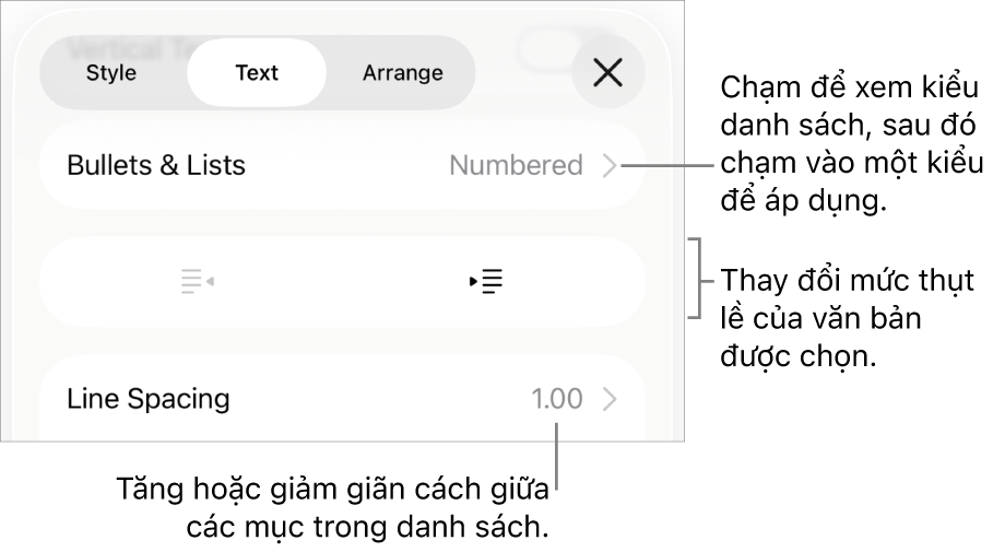 Phần Dấu đầu dòng & Danh sách của điều khiển Định dạng với các chú thích đến Dấu đầu dòng & Danh sách, các nút thụt lề và nhô lề và các điều khiển giãn cách dòng.