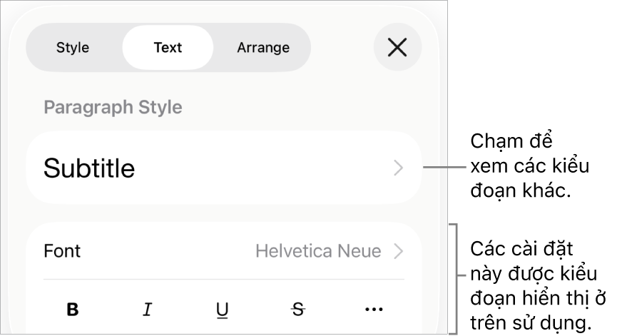 Menu Định dạng đang hiển thị các điều khiển văn bản để đặt kiểu, phông chữ, kích cỡ và màu của đoạn và ký tự.