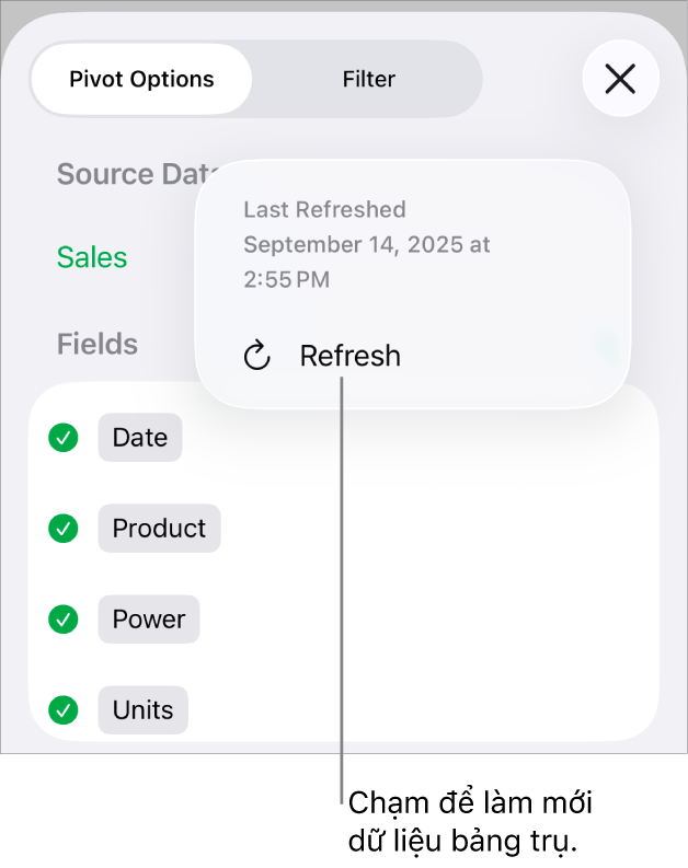 Menu Tùy chọn trục quay đang hiển thị tùy chọn làm mới bảng trụ.