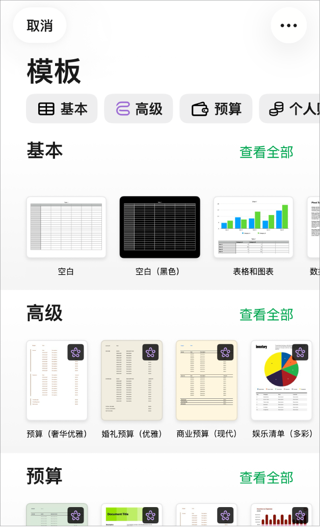 模板选取器,顶部一行显示类别,你可以轻点以过滤选项。下方是预设计模板的缩略图(按类别排列成行)。
