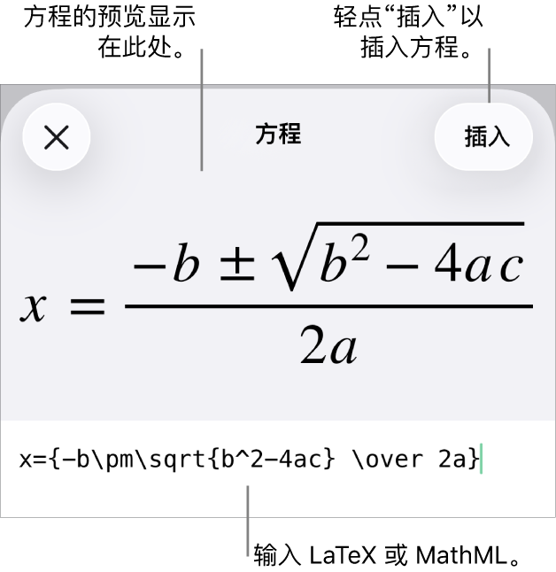 “方程”对话框，显示使用 MathML 命令所写的方程，以及上方公式的预览。