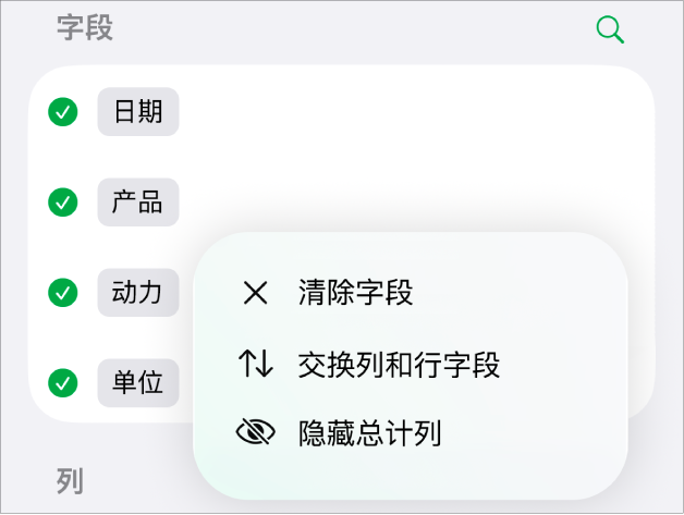 “更多字段选项”菜单，显示隐藏总计、交换列和行字段以及清除字段的控制。