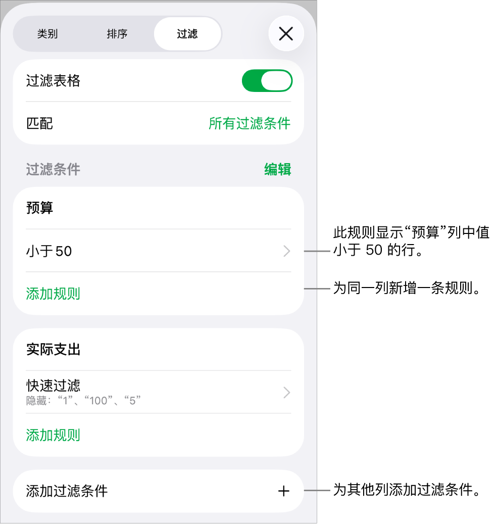 用于添加新过滤规则或编辑现有过滤规则的控制。