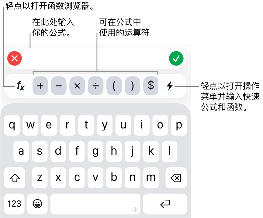 公式键盘，其中公式编辑器位于顶部，公式中所用的运算符显示在下方。用来打开函数浏览器的“函数”按钮位于运算符左边，“操作菜单”按钮位于运算符右边。