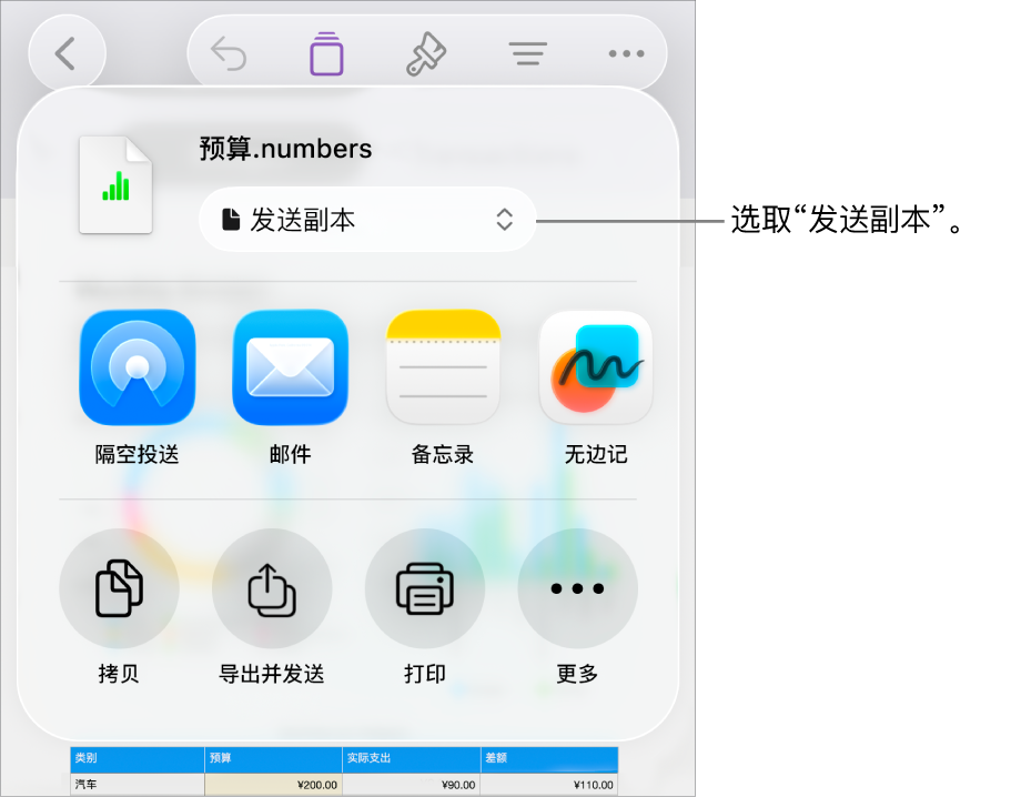 顶部已选中“发送副本”的“共享”菜单。