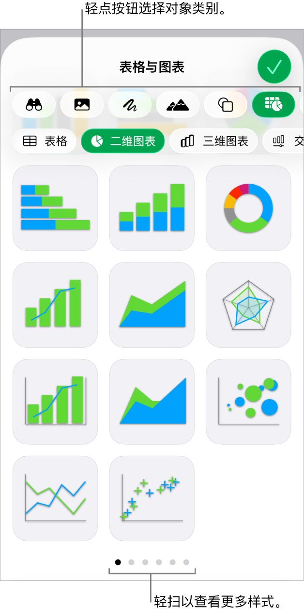 用于添加对象的控制，顶部包含可供选取表格、图表、形状（包括线条和文本框）和媒体的按钮。