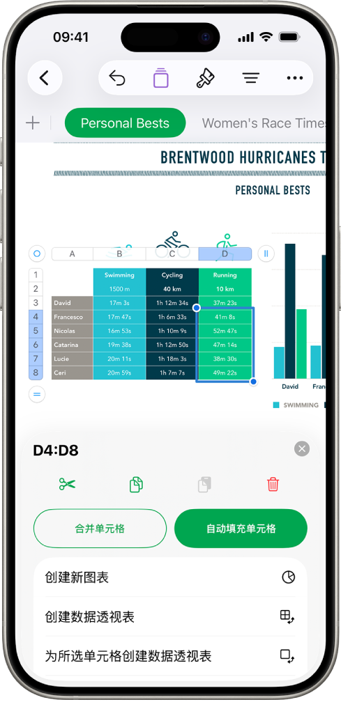 电子表格显示已徒步路段的表格以及每条路段的距离。“单元格操作”菜单已打开，显示添加今天日期、当前时间以及在所选单元格中编辑公式的选项。