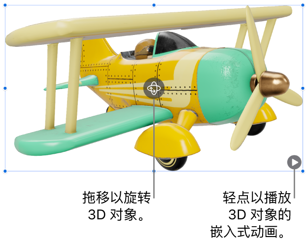 3D 对象，中心带有“旋转”按钮，右下角带有“播放”按钮。