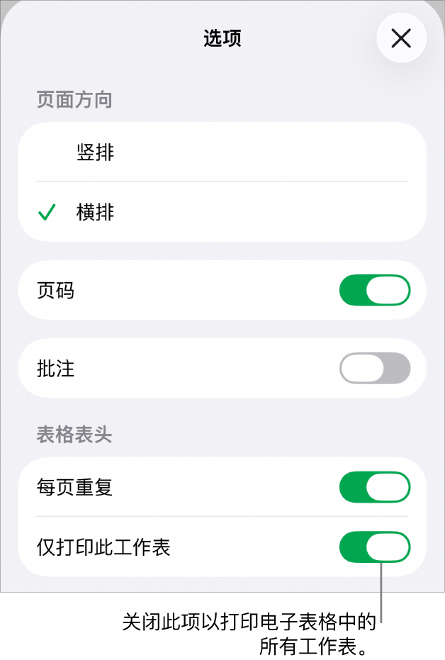 打印选项，用于选取页面方向、显示页码和页眉以及选取纸张大小和要打印的页面。