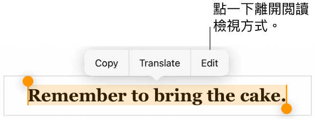 已選擇句子,其上方是包含「複製」和「編輯」按鈕的特色選單。