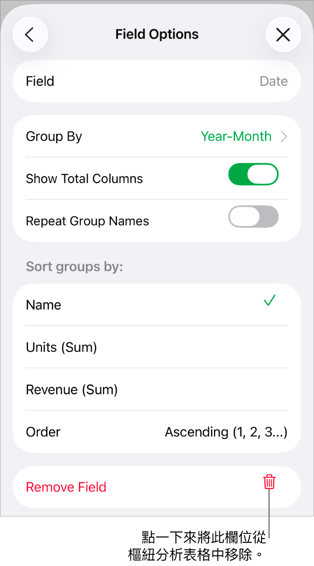 「欄位選項」選單,其顯示群組和排序資料的控制項目,以及移除欄位的選項。