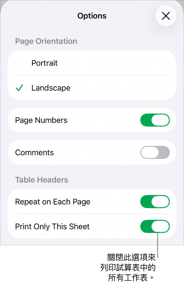列印選項用於選擇頁面方向、顯示頁碼和頁首,以及選擇要列印的頁數。