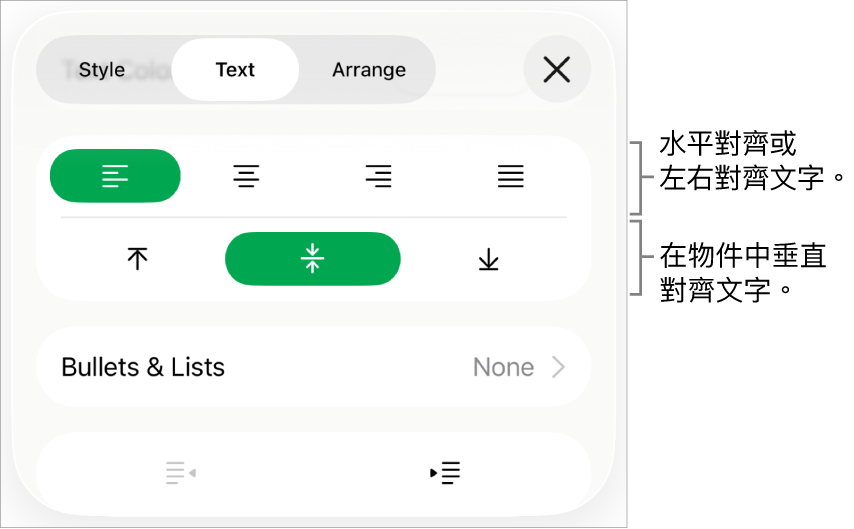 「格式」檢閲器的「佈局」部份，説明文字指向文字對齊方式和間距按鈕。