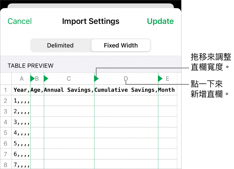 等寬文字檔案的輸入設定。