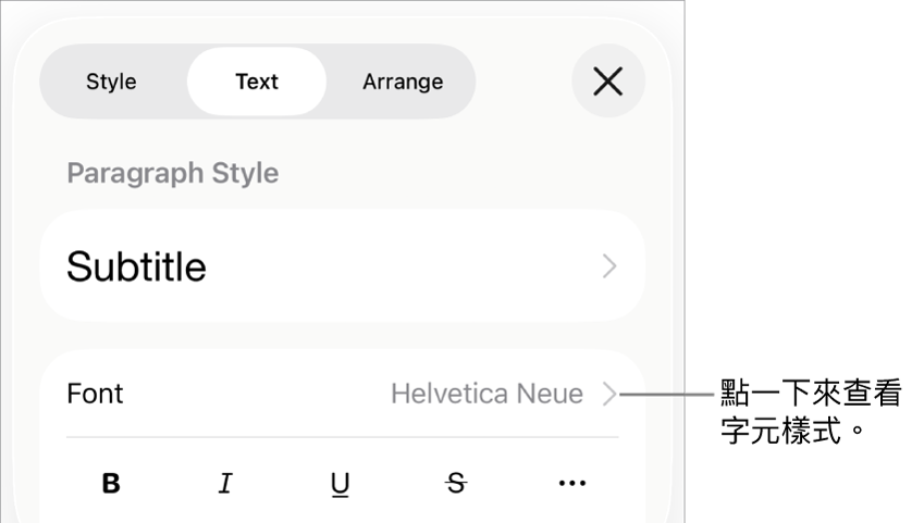 具備段落樣式的「格式」控制項目在最上方,然後是「字體」控制項目。「字體」下方為「粗體」、「斜體」、「底線」、「刪除線」和「更多文字選項」按鈕。
