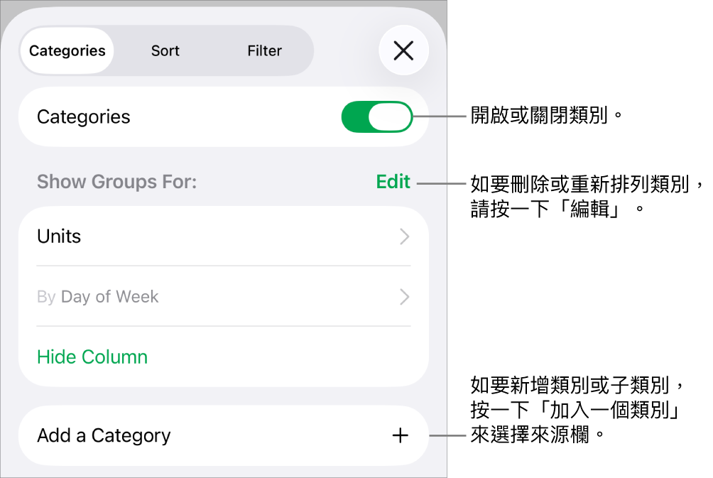 iPhone 版的「類別」選單包括以下選項：關閉類別、刪除類別、重新分類資料、隱藏來源欄和加入類別。