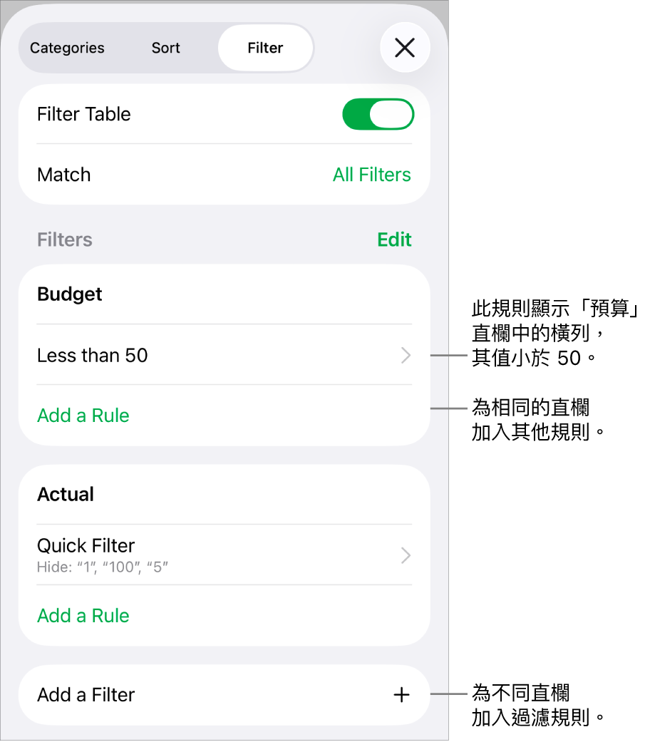 控制項目,用於加入新過濾規則或編輯現有過濾規則。