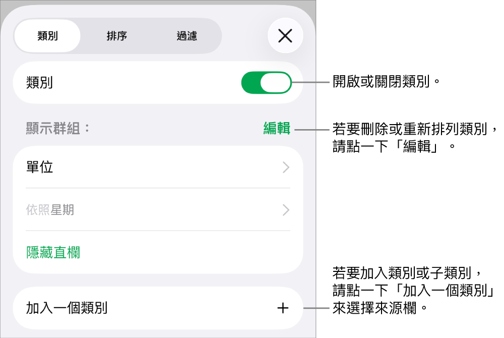 iPhone 版的「類別」選單包含以下選項:關閉類別、刪除類別、重新分類資料、隱藏來源欄和加入類別。