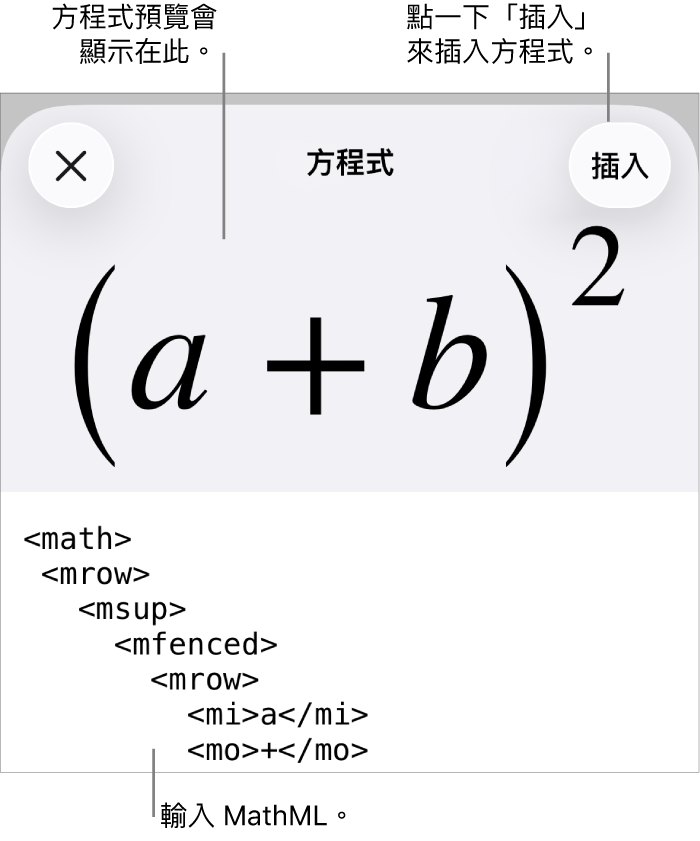 「方程式」對話框，顯示使用 MathML 指令寫入的方程式，上方是公式的預覽。