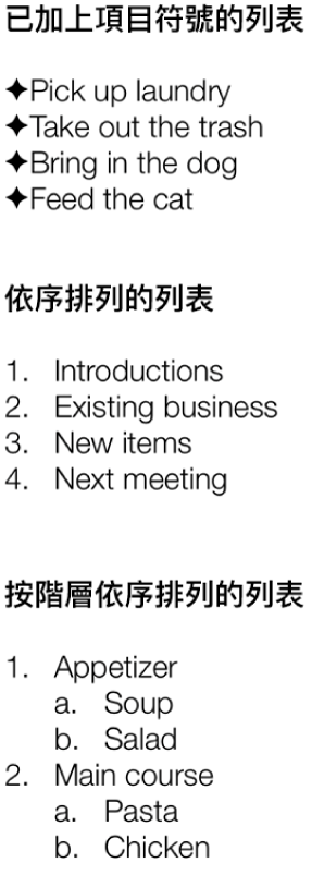 項目符號、排序和階層式列表的範例。