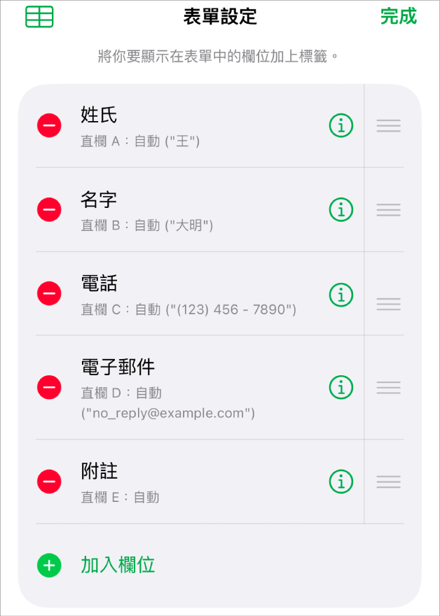 「表單設定」控制項目顯示加入、編輯、重新排序、刪除欄位,以及更改欄位格式(例如從「文字」改為「百分比」)的選項。