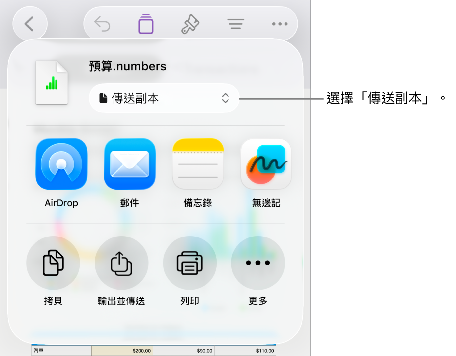 「分享」選單的最上方已選取「傳送副本」。