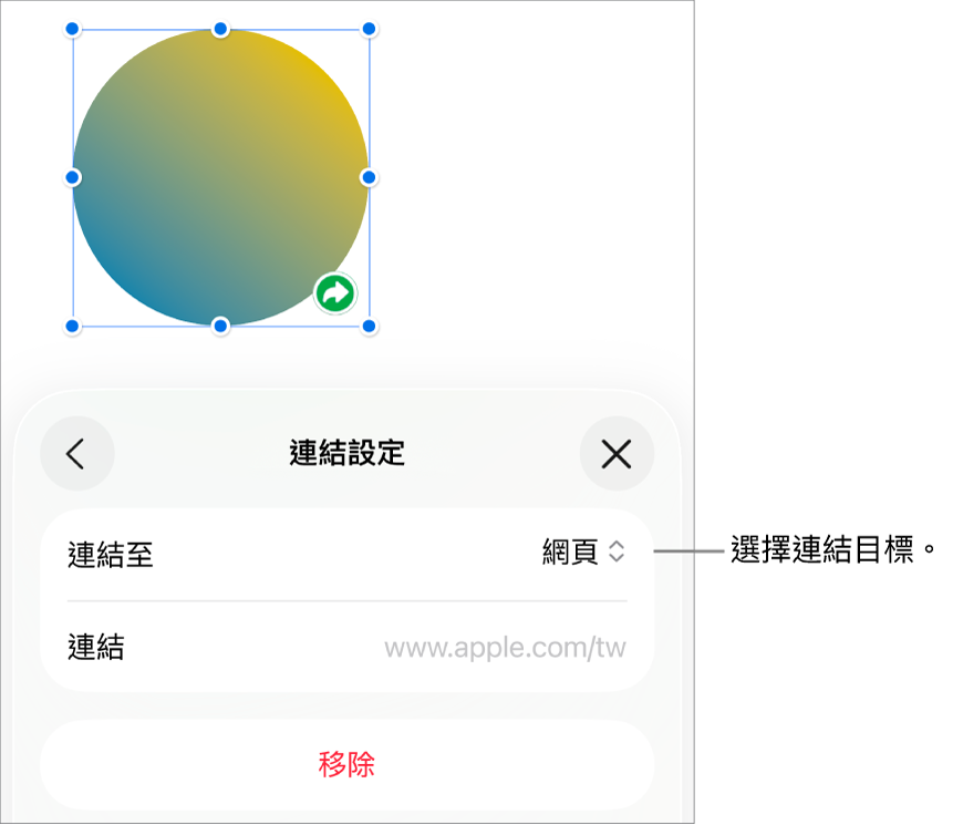 「連結設定」控制項目顯示已選取「網頁」,而「移除」按鈕位於底部。